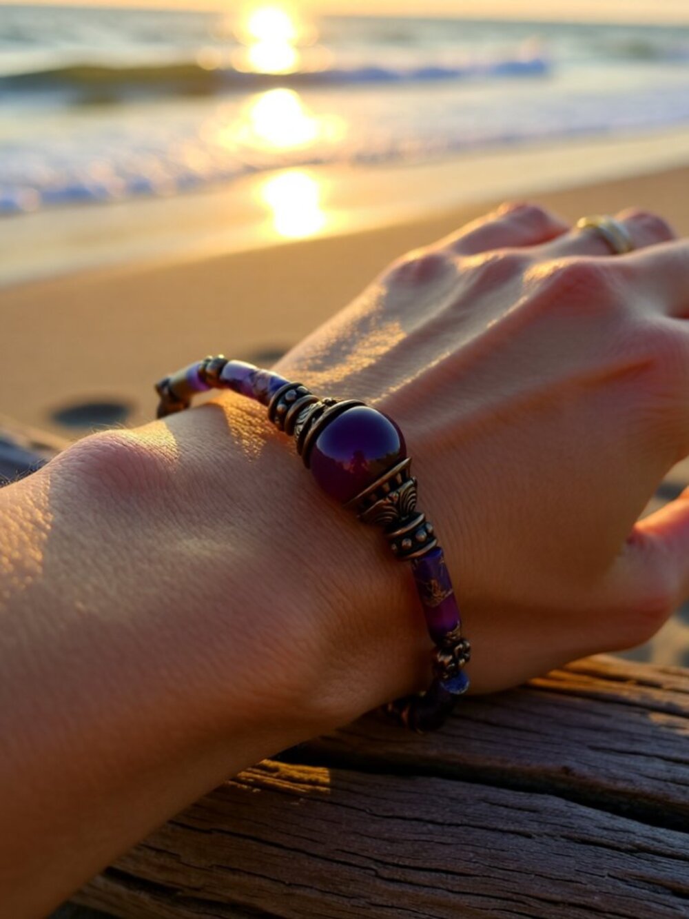 Purple Sea Sediment Jasper + Agate Bracelet - Slim-Line Boho Chic Gypsy Bracelet - Picture 2 of 9